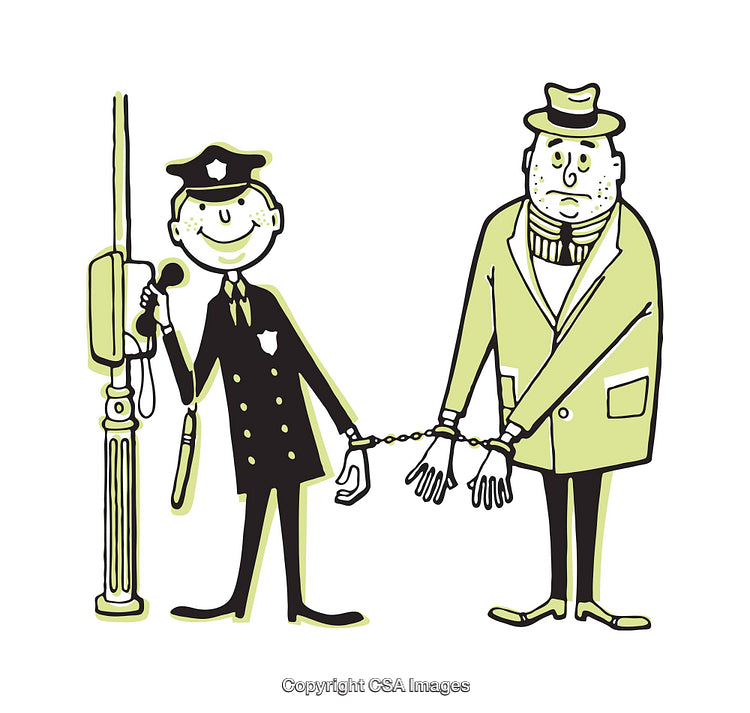 Whimsical Illustration of a Policeman Arresting a Sad Gentleman