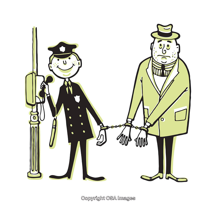 Whimsical Illustration of a Policeman Arresting a Sad Gentleman