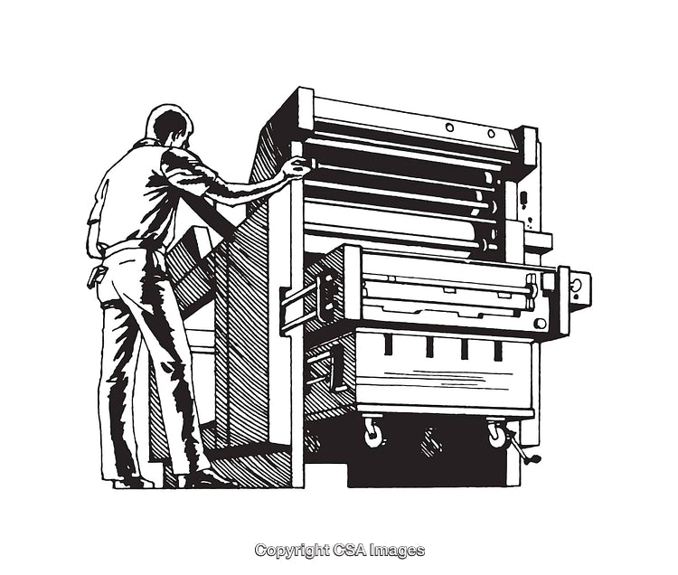 Vintage Illustration of a Man Operating a Printing Press Machine