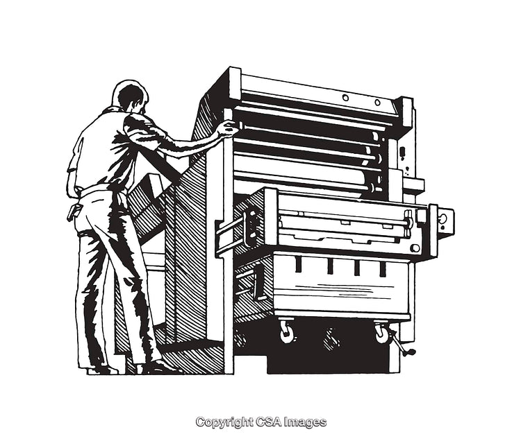 Vintage Illustration of a Man Operating a Printing Press Machine