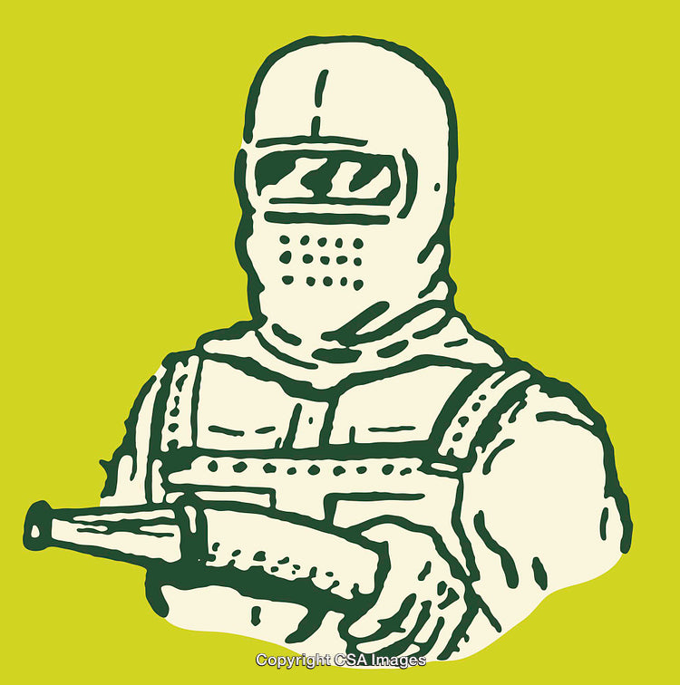 Illustration of Armed Individual in Protective Gear on Green Background