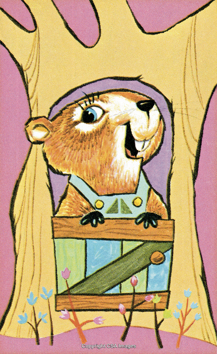 Illustration of a Cheerful Beaver in Treehouse Adorned With Flowers