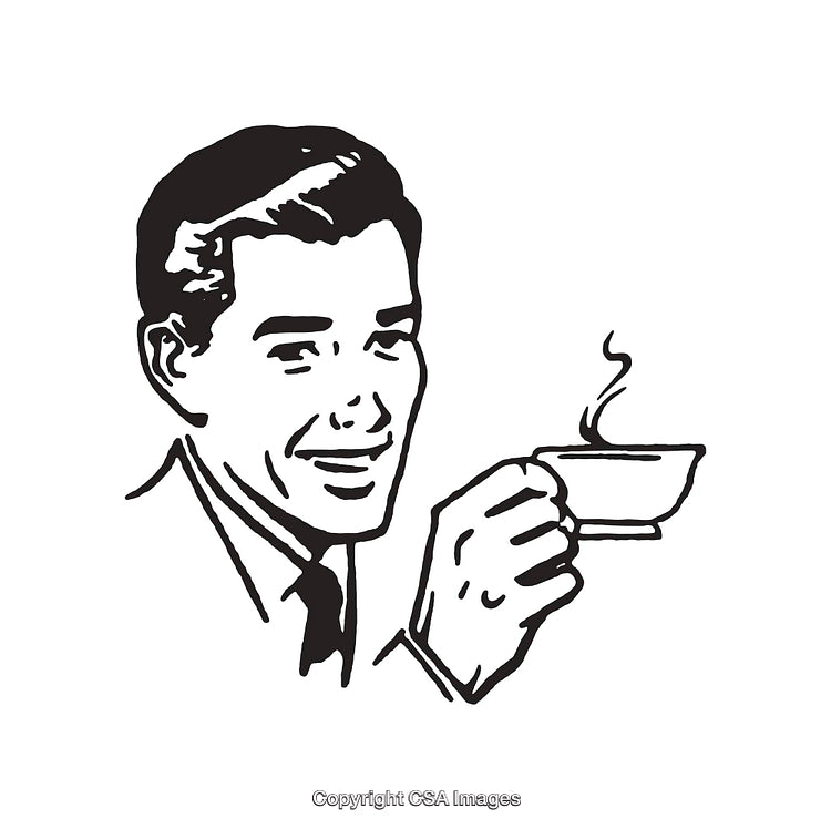 Retro Black and White Illustration of a Man Holding a Hot Cup
