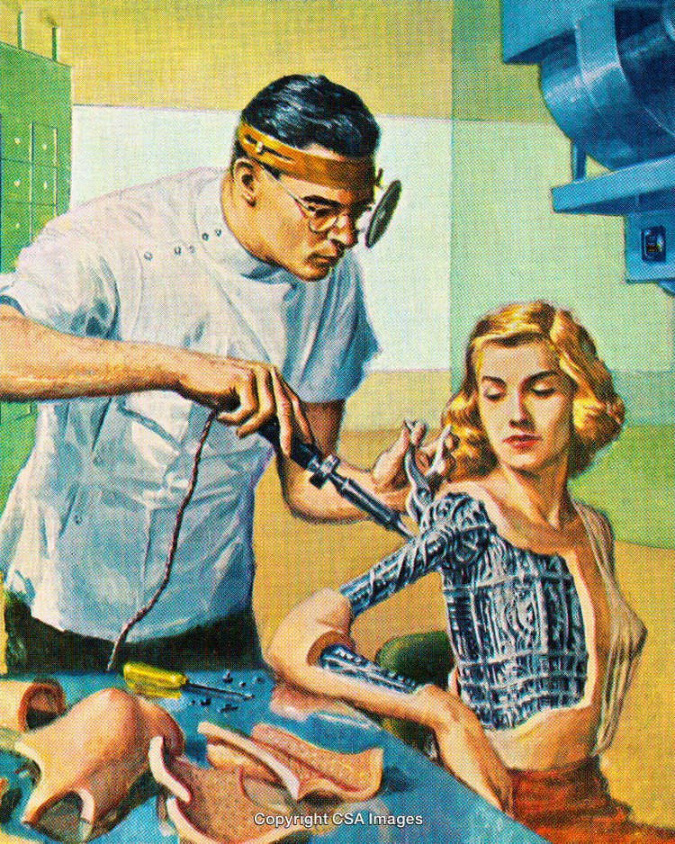 Technician Upgrading Human Arm with Advanced Cybernetic Prosthetics