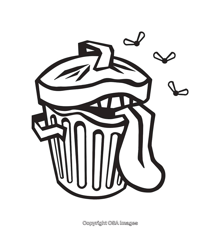 Humorous Line Art Illustration of Trash Can with Tongue and Flies