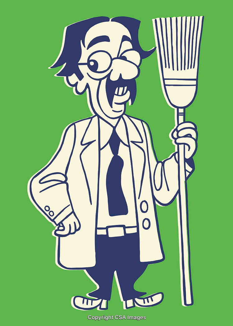 Retro Cartoon Professional Holding Broom on a Green Background