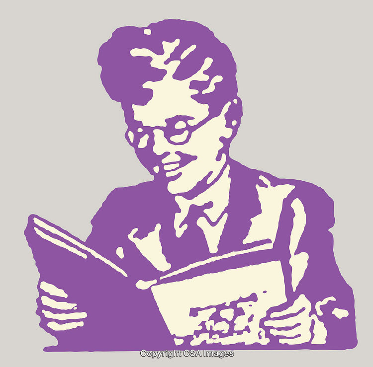 Vintage Line Art Illustration of a Smiling Person Reading a Book