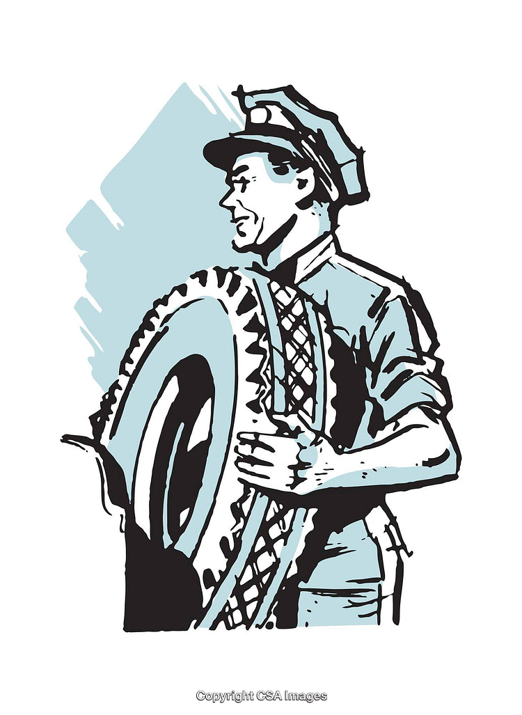 Retro Illustration of a Worker Holding a Large Tire in Profile View