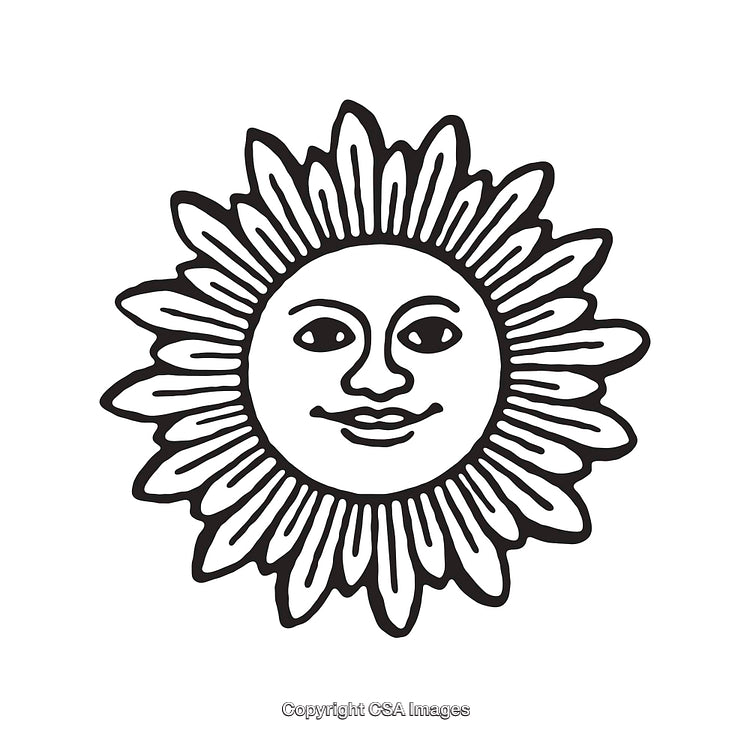 Black And White Line Art of a Sun Face Illustration with Radiant Rays