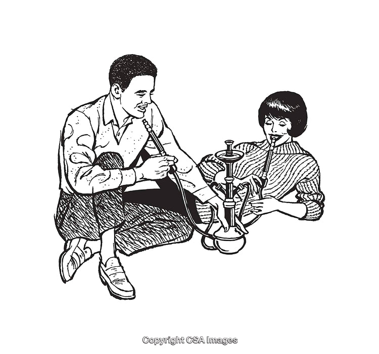 Illustration of Two People Using a Hookah in a Relaxed Setting
