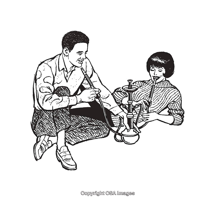 Illustration of Two People Using a Hookah in a Relaxed Setting