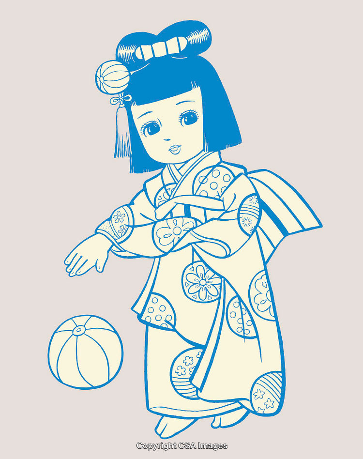Color Line Art Illustration of a Girl in Kimono with Ball