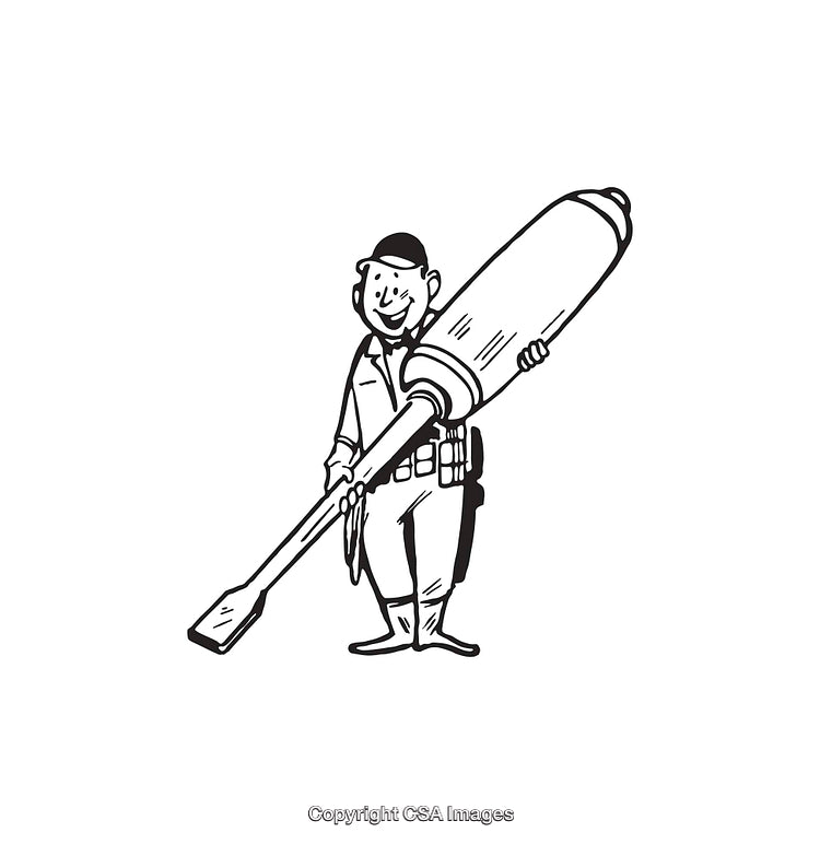 Black and White Line Art of a Cartoon Man Holding an Oar