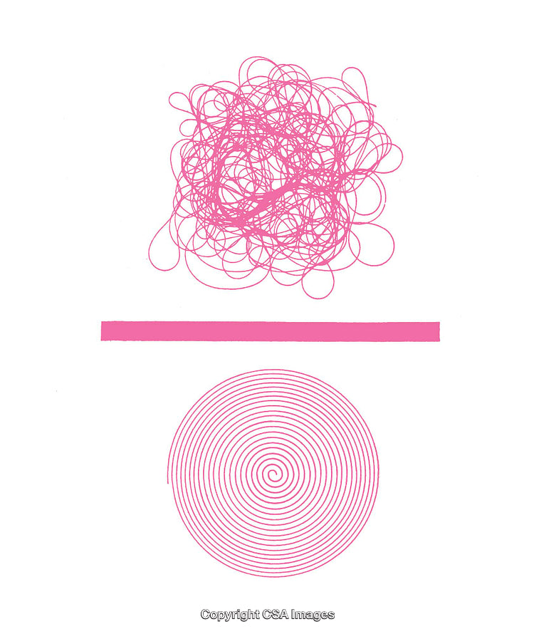 Abstract Pink Diagram Depicting Chaotic Scribble, Line, and Concentric Spiral