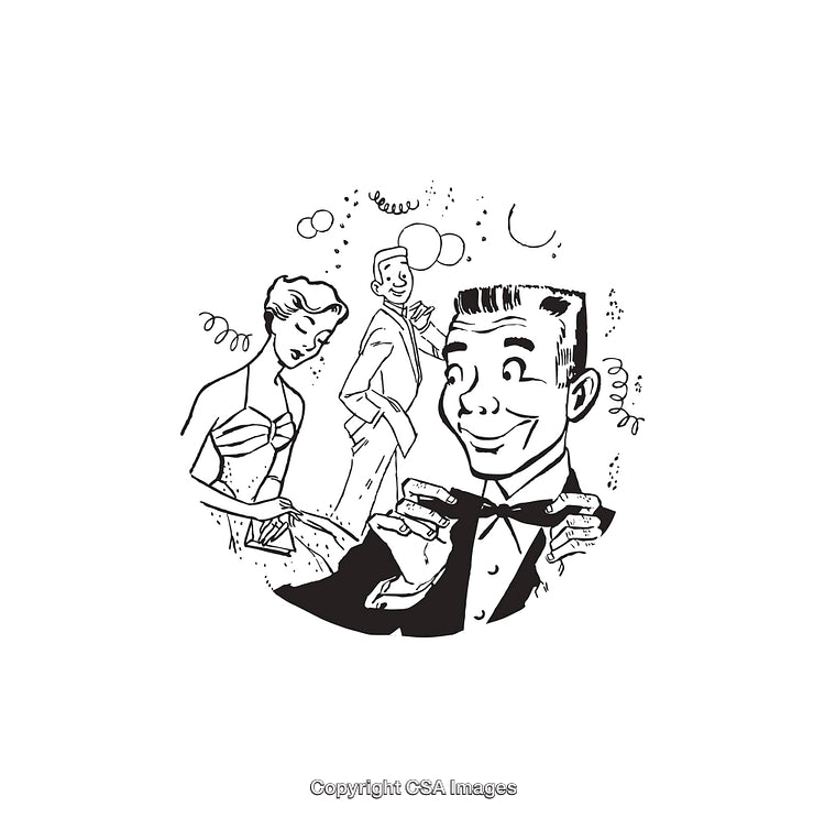 Retro Line Art of Partygoers in Elegant Attire with Festive Atmosphere