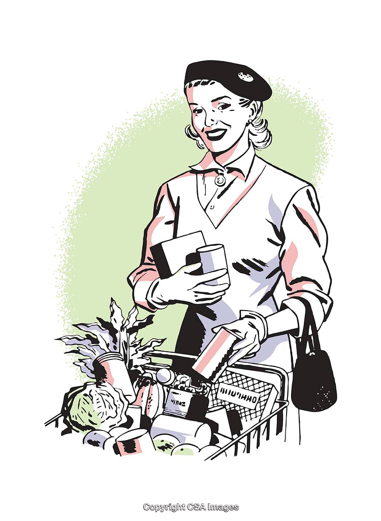 Illustrated Retro Woman Enjoying Grocery Shopping with Cart