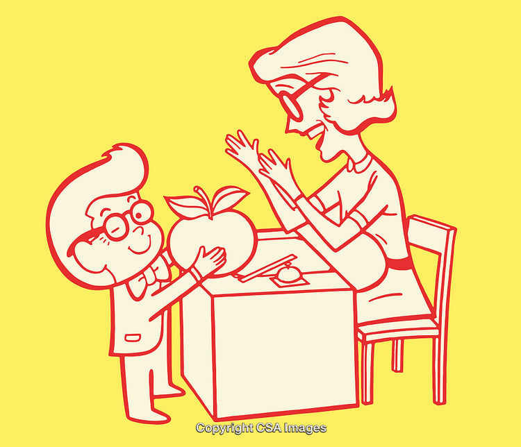Cartoon Student Offering an Apple to Their Teacher in Class