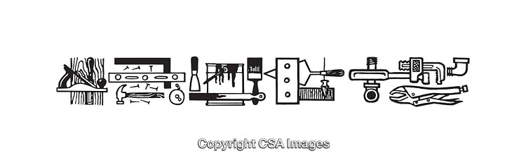 Black and White Tool Illustrations Featuring Various Tools and Equipment