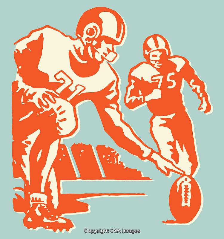Vintage Style Line Art of Football Players in Action
