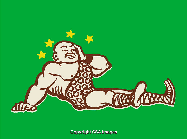 Colorful Comic-Style Illustration of a Stunned Caveman Character with Stars