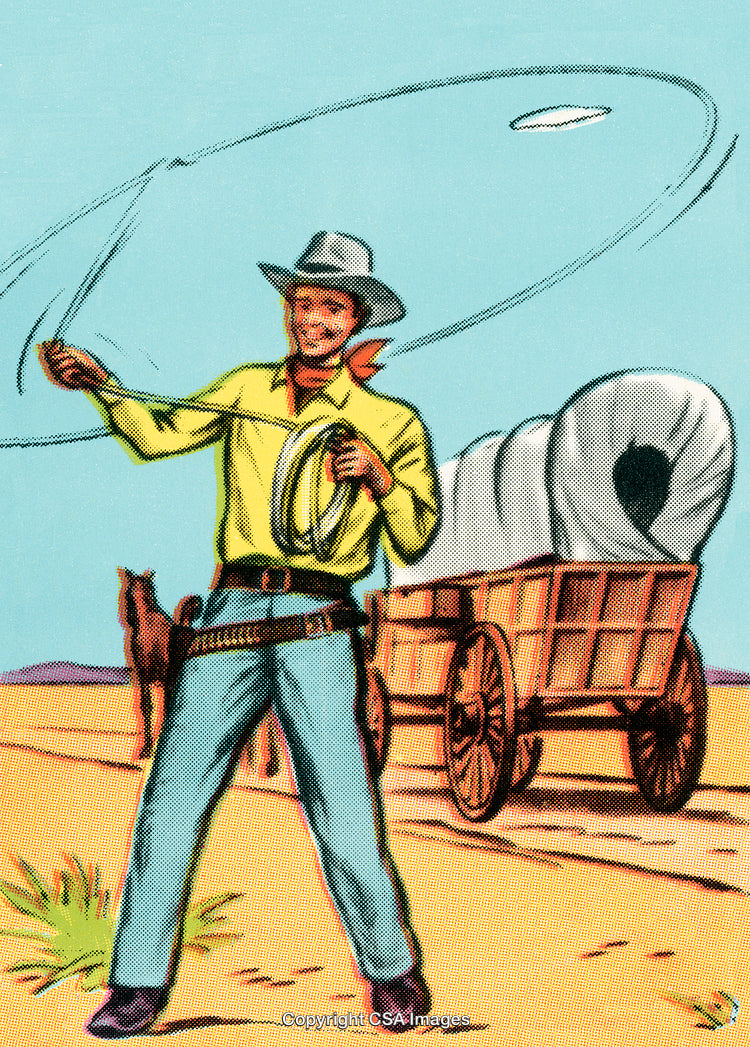 Colorful Illustration of Cowboy With Lasso and Wagon on Desert