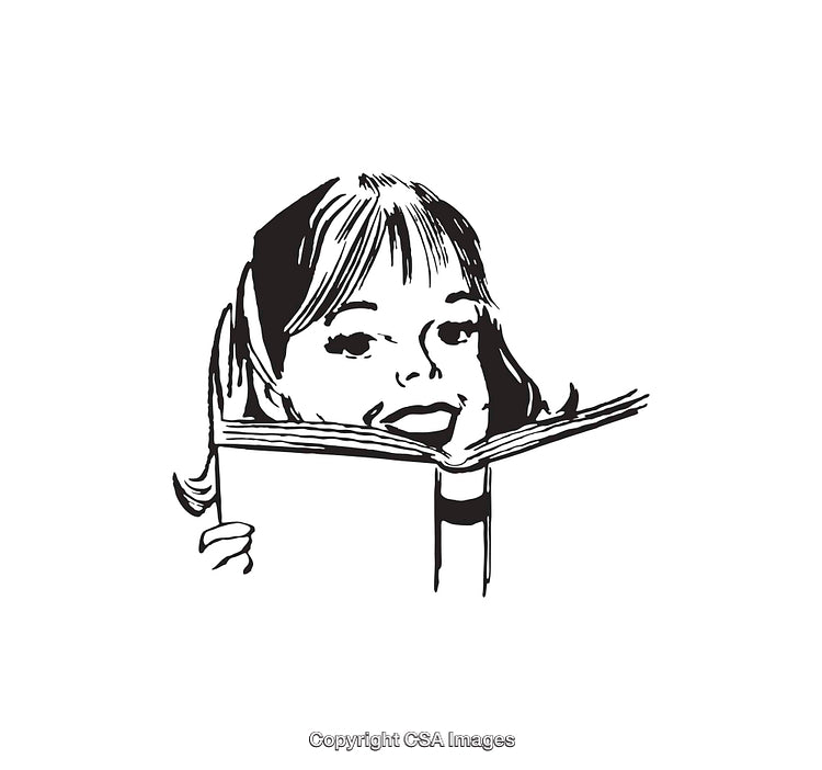 Smiling Child Reading a Book in Black and White Line Art