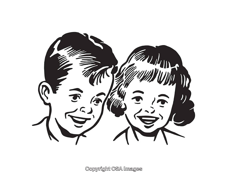Black and White Line Art Drawing of Smiling Boy and Girl Faces