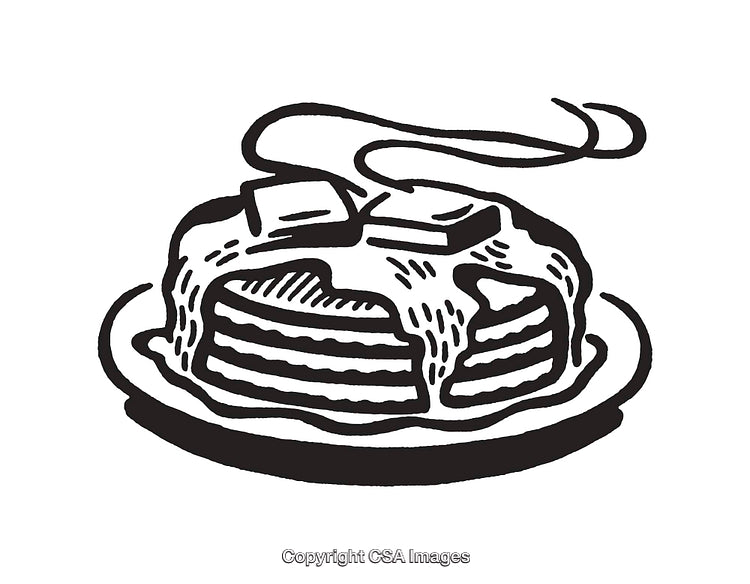 Black and White Line Art of Pancakes with Butter and Syrup