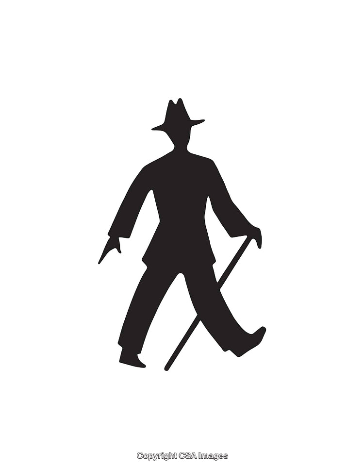 Silhouette of a Striding Figure Holding a Cane in Black and White