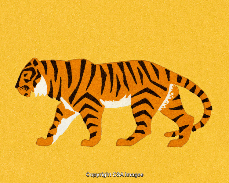 Illustrated Tiger Walking on Yellow Background Showing Vibrant Colors and Patterns