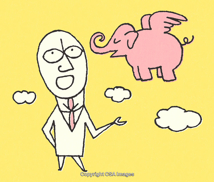 Illustration of a Man Imagining a Pink Flying Elephant in the Clouds