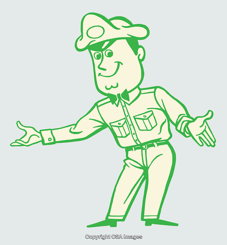 Cartoon Male Figure in Green Outline Welcoming Gesture Illustration