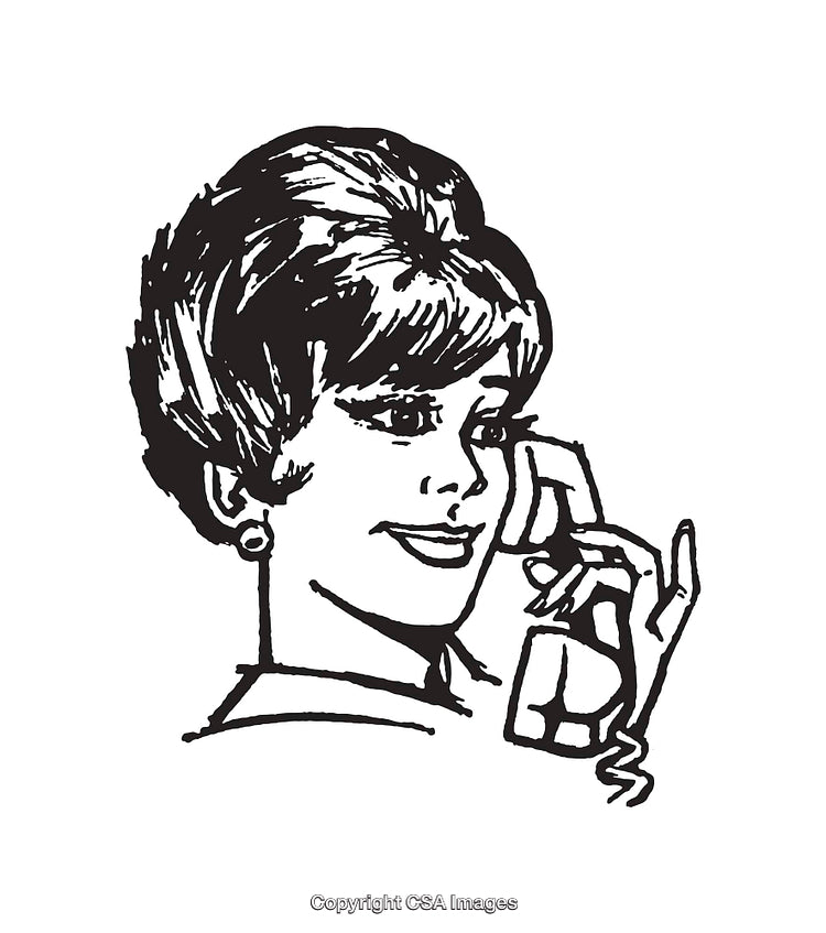 Vintage Black And White Line Art of Woman Talking on Telephone