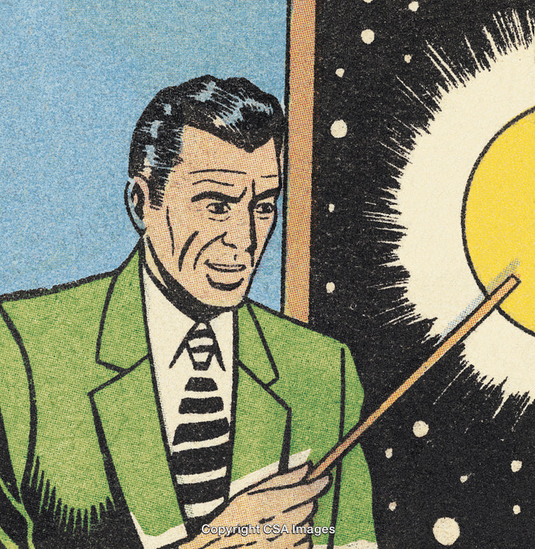 Retro Comic Illustration of Man Explaining Astronomy with a Pointing Stick
