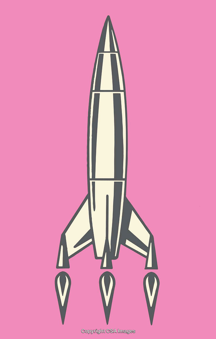 Retro Rocket Illustration Against a Pink Background in Line Art Style