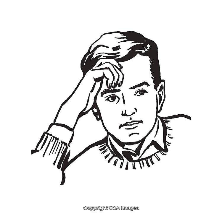 Black And White Illustration Of A Pensive Young Man Sketch