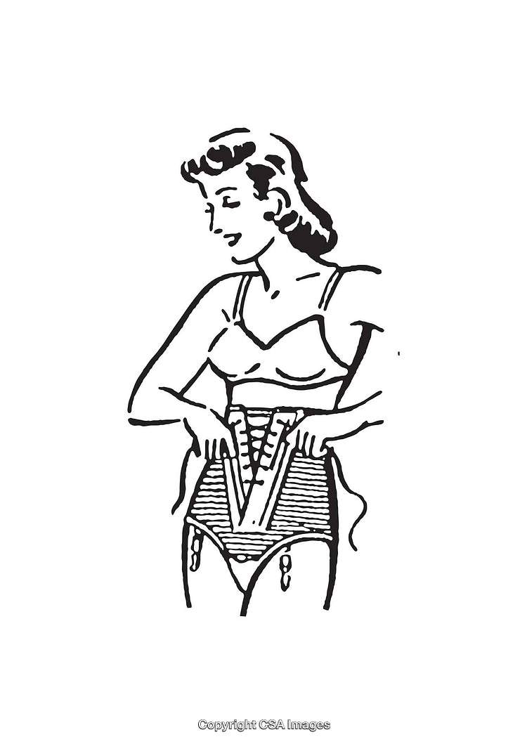 Retro Line Art Illustration of a Woman Adjusting Corset Garment