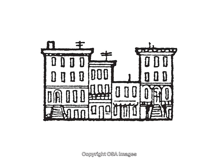 Hand-Drawn Urban Buildings in Artistic Black and White Line Art Illustration