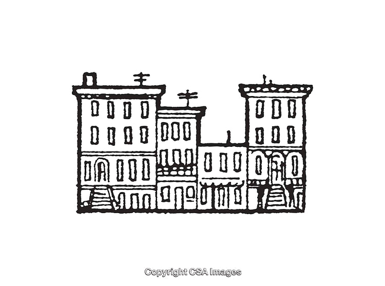 Hand-Drawn Urban Buildings in Artistic Black and White Line Art Illustration