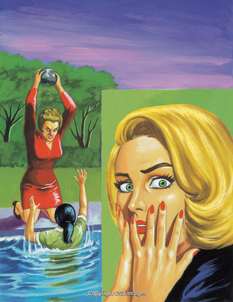 Dramatic Scene of Suspense and Shock Depicted in Colorful Retro Art Illustration