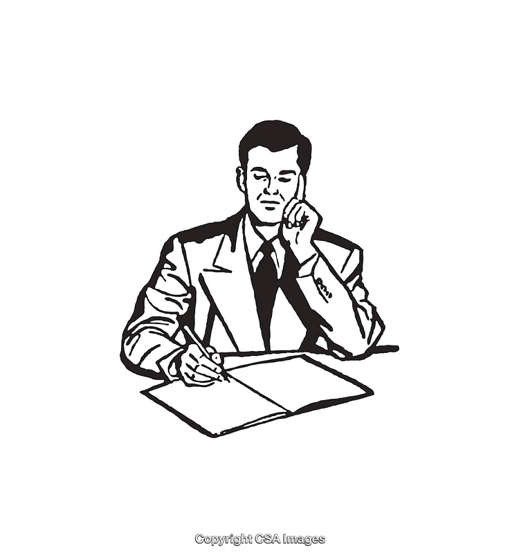 Black and White Illustration of a Man Writing at a Desk