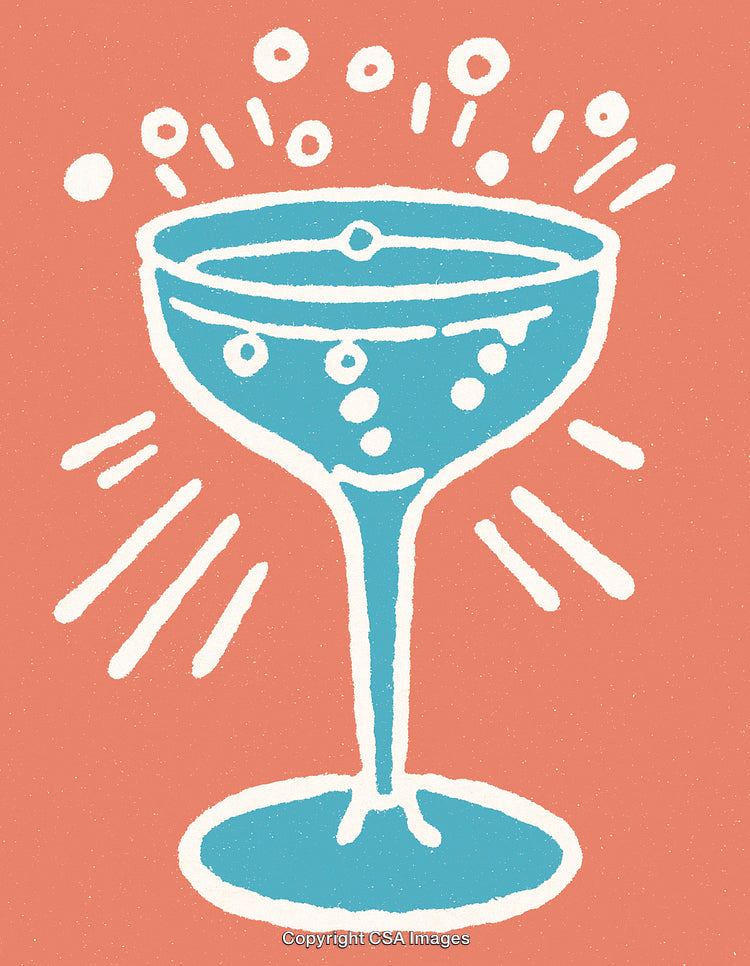 Hand-Drawn Champagne Glass Illustration with Sparkling Bubbles and Celebratory Vibes