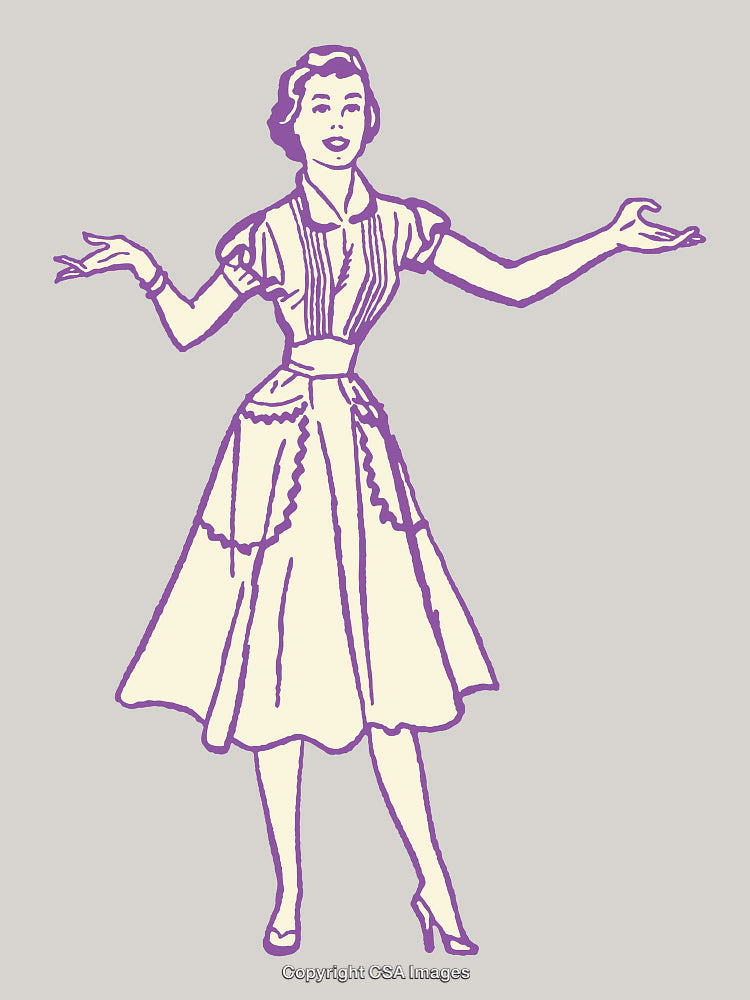 Vintage Line Art Illustration of a Woman in Apron and Dress