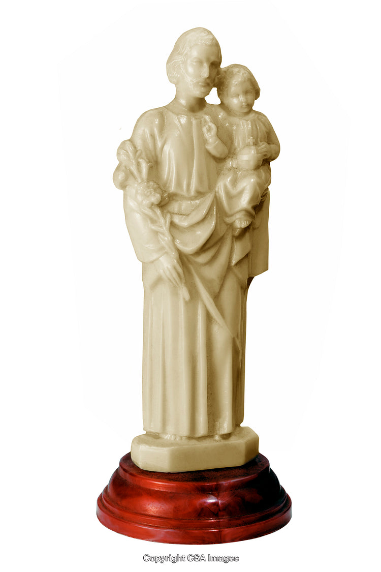 White Religious Statue of Saint Holding Child on Wooden Base