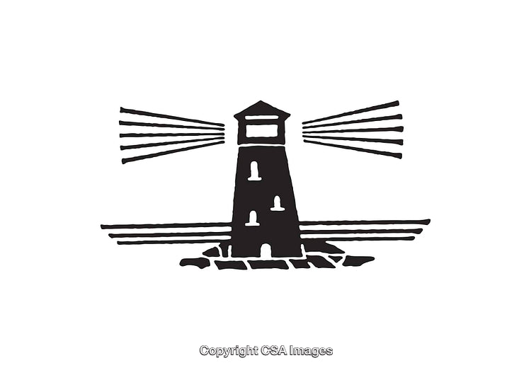 Black and White Illustration of Lighthouse Emitting Beams of Light