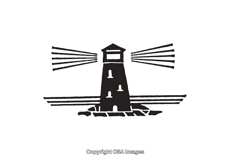 Black and White Illustration of Lighthouse Emitting Beams of Light