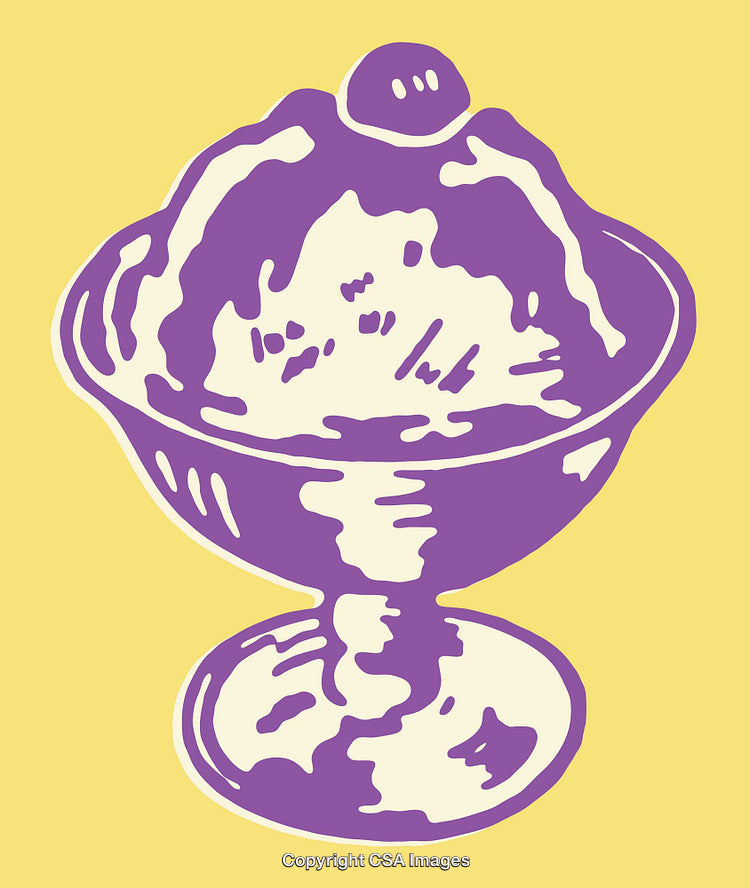 Purple Ice Cream Artwork in Vintage-Styled Line Art Illustration on Yellow Background