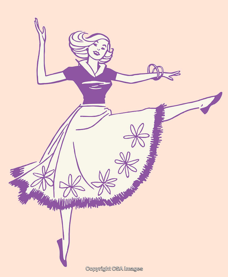 Elegant Line Art Illustration of Dancing Woman in Floral Outfit