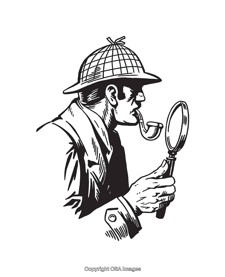 Detective with Magnifying Glass in Black and White Line Art