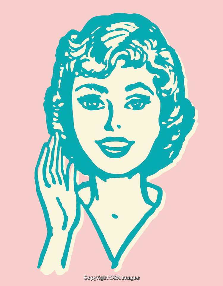 Colorful Retro Line Art Illustration of a Smiling Woman on a Pink Background